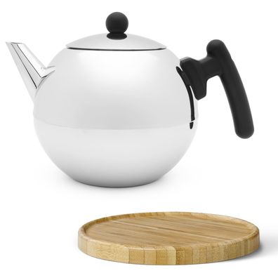 Teekanne 1.2 Liter Edelstahl Kanne doppelwandig Glanz & Holz-Untersetzer braun