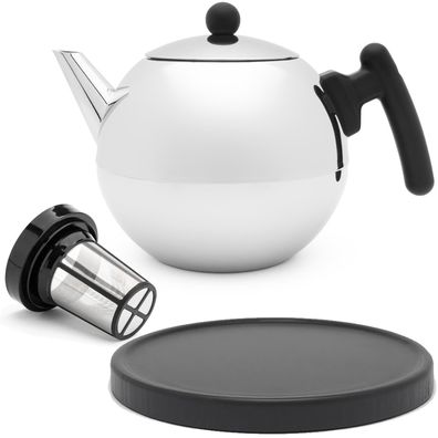 Teekanne 1.2 Liter Edelstahl doppelwandig Glanz Filter & Holzuntersetzer schwarz
