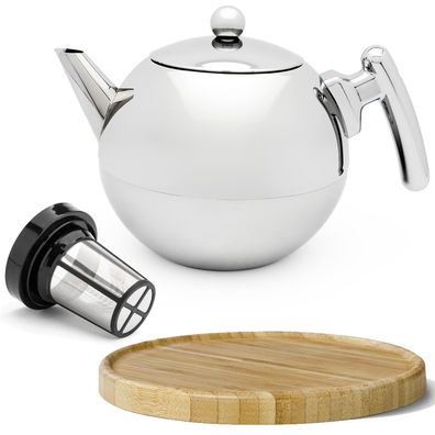 Teekanne 1.2 Liter doppelwandig Glanz Edelstahl Filter & Holzuntersetzer braun