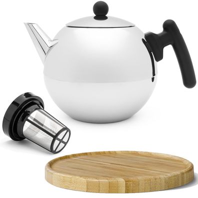Teekanne 1.2 Liter Edelstahl doppelwandig Glanz Filter & Holzuntersetzer braun