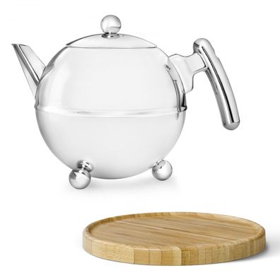 Edelstahl Teekanne 0.75 Liter doppelwandige Kugelkanne mit Holzuntersetzer braun