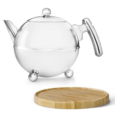 Edelstahl Teekanne 1.2 Liter doppelwandige Kugelkanne mit Holzuntersetzer braun