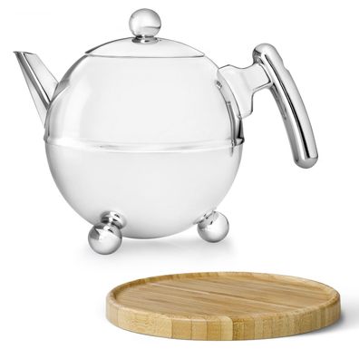 Edelstahl Teekanne 1.5 Liter doppelwandige Kugelkanne mit Holzuntersetzer braun
