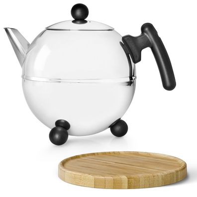 Edelstahl Kugelkanne 1.5 Liter Teekanne doppelwandig mit Holzuntersetzer braun
