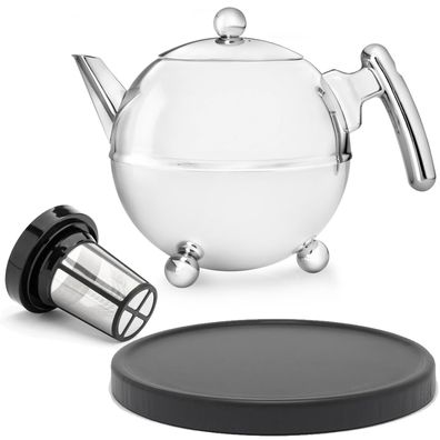 Teekanne 0.75 Liter Edelstahl doppelwandig Tee-Filter & Holzuntersetzer schwarz