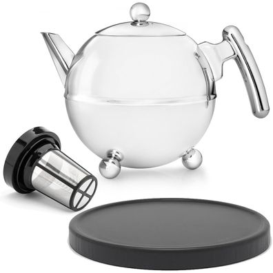 Teekanne 1.2 Liter Edelstahl doppelwandig & Tee-Filter & Holzuntersetzer schwarz