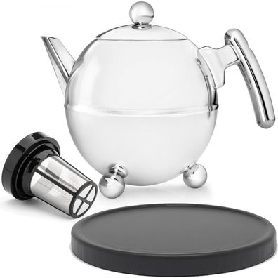 Teekanne 1.5 Liter Edelstahl doppelwandig & Tee-Filter & Holzuntersetzer schwarz