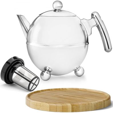 Teekanne 1.5 Liter Edelstahl Kanne doppelwandig & Tee-Filter & Untersetzer braun