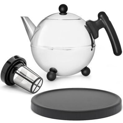 Teekanne 0.75 Liter doppelwandig Edelstahl Tee-Filter & Holzuntersetzer schwarz