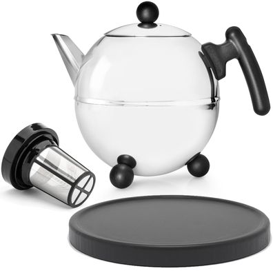 Teekanne 1.5 Liter doppelwandig Edelstahl Tee-Filter & Holz-Untersetzer schwarz