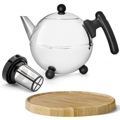Teekanne 0.75 Liter doppelwandig Edelstahl & Tee-Filter & Holzuntersetzer braun
