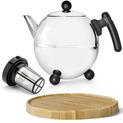Teekanne 1.5 Liter doppelwandig Edelstahl & Tee-Filter & Holz-Untersetzer braun