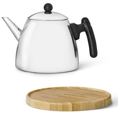 Edelstahl Teekanne 1.2 Liter doppelwandig konisch Kanne & Holz-Untersetzer braun