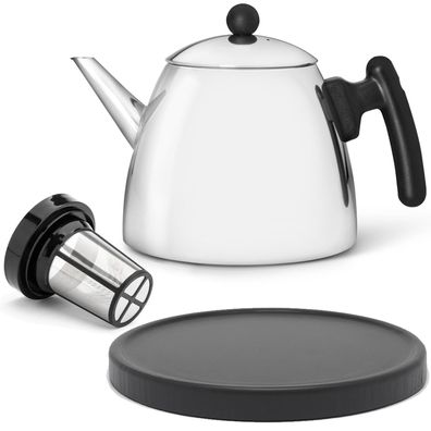 Edelstahl Teekanne 1.2 Liter konisch Kanne Teefilter & schwarzer Holzuntersetzer