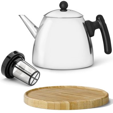 Edelstahl Teekanne 1.2 Liter konisch Kanne Teefilter & brauner Holz-Untersetzer