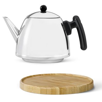 Teekanne 1.2 Liter doppelwandig Edelstahl konisch Kanne & Holz-Untersetzer braun