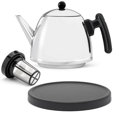 Teekanne 1.2 Liter doppelwandige Kanne & Tee-Filter & schwarzer Holzuntersetzer