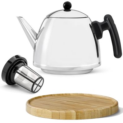 Teekanne 1.2 Liter doppelwandige Kanne mit Tee-Filter & brauner Holzuntersetzer