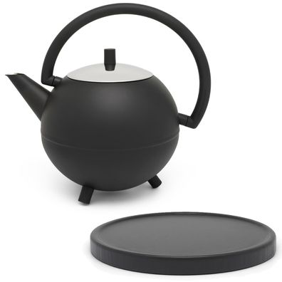 Teekanne 1.2 Liter doppelwandig Edelstahl schwarze Kugelkanne & Holz-Untersetzer