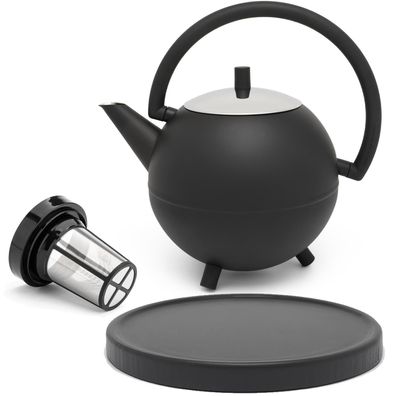 Teekanne 1.2 Liter doppelwandig Edelstahl schwarz Kugelkanne Filter Untersetzer