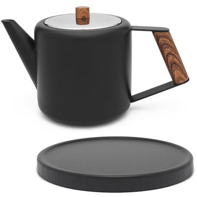 Edelstahl Teekanne 1.1 Liter doppelwandig schwarz Edelstahlkanne Holzuntersetzer