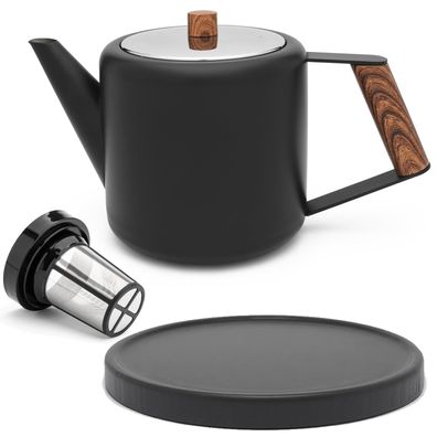 Edelstahl Teekanne 1.1L doppelwandig schwarz Edelstahlkanne Filter & Untersetzer