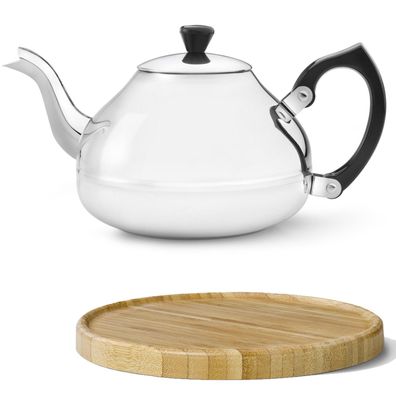 Edelstahl Teekanne 1.25 Liter einwandig Edelstahlkanne & brauner Holzuntersetzer