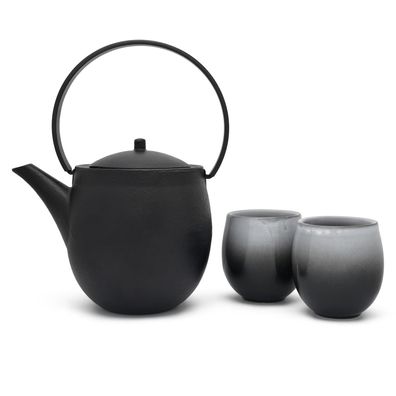 Asia Teekannen Set 1.2 Liter Gusskanne schwarz 2 Porzellan Teetassen & Teefilter