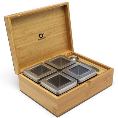 Holz Teebeutelbox 14.5x18 cm Teekiste Teebox 4 Teedosen Maßlöffel für losen Tee