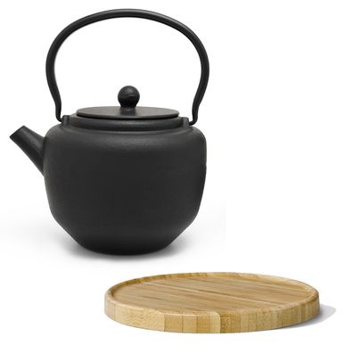 Gusseisen Teekanne 1.3 Liter Gusskanne Kanne Tee-Filter & Holz-Untersetzer braun