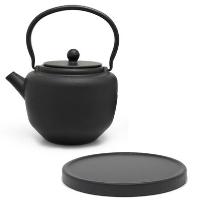 Gusseisen Teekanne 1.3 Liter Gusskanne Kanne Tee-Filter Holz-Untersetzer schwarz