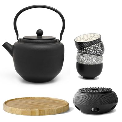 Asia Teekannen Set 1.3 L Tee-Service Holzuntersetzer Stövchen 4 Becher Teefilter