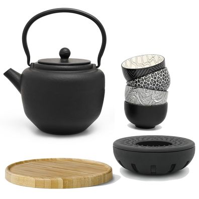 Asia Teekannen Set 1.3 L Teeservice Holzuntersetzer Teewärmer 4 Becher Teefilter