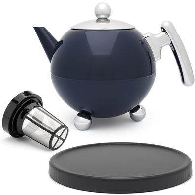 Doppelwandige Teekanne blau 1.2 Liter Untersetzer Edelstahlkanne mit Tee-Filter