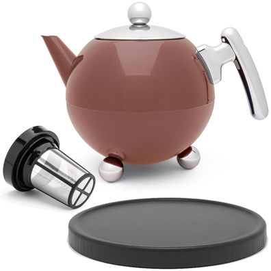Doppelwandige Teekanne rosa 1.2 Liter Untersetzer Edelstahlkanne mit Tee-Filter