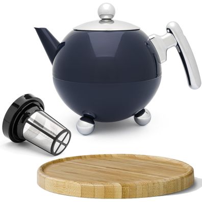 Teekanne blau 1.2 Liter doppelwandig Edelstahlkanne mit Tee-Filter & Untersetzer