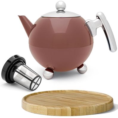 Teekanne rosa 1.2 Liter doppelwandig Edelstahlkanne mit Tee-Filter & Untersetzer