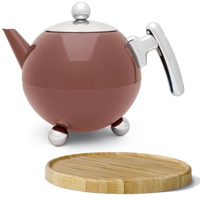Teekanne rosa 1.2 Liter doppelwandig Edelstahlkanne Kanne Holz-Untersetzer braun