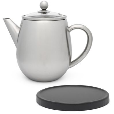Doppelwandige Edelstahl Teekanne 1.1 Liter Teefilter Kanne schwarzer Untersetzer