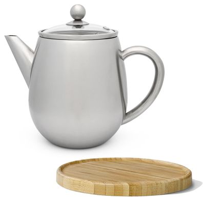 Doppelwandige Edelstahl Teekanne 1.1 Liter Teefilter Kanne & brauner Untersetzer