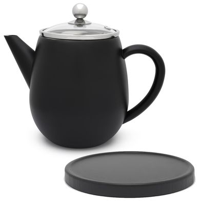 Doppelwandige Edelstahl Teekanne 1.1 Liter schwarz Teefilter Kanne & Untersetzer