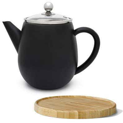 Edelstahl Teekanne 1.1 Liter schwarz doppelwandig Teefilter Kanne & Untersetzer