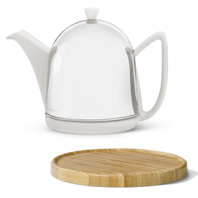 Keramik Teekanne 1.0 L Edelstahl Keramikkanne weiß Filter Holzuntersetzer braun