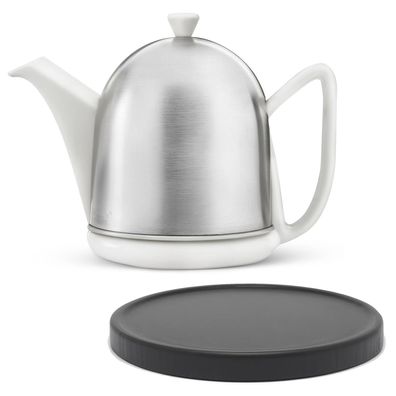 Keramik Teekanne 1.0 Liter weiss Edelstahl matt Teesieb Holzuntersetzer schwarz