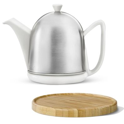 Keramik Teekanne 1.0 Liter weiss Edelstahl matt Teesieb & Holzuntersetzer braun