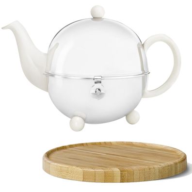 Keramik Teekanne 0.9 L weiß Kugelkanne Edelstahl Teesieb & Holzuntersetzer braun