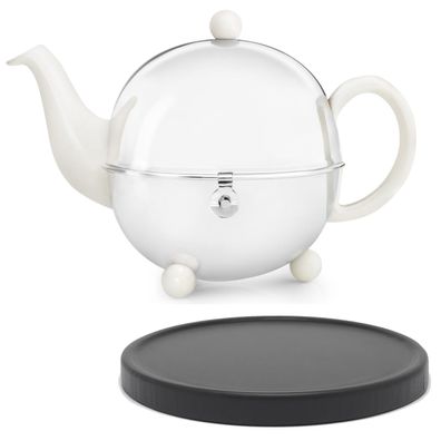 Keramik Teekanne 1.3 L weiß Kugelkanne Edelstahl Teesieb Holzuntersetzer schwarz