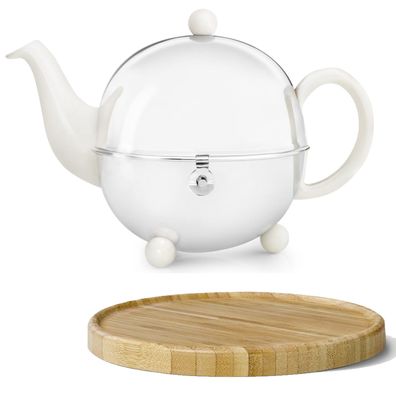 Keramik Teekanne 1.3 L weiß Kugelkanne Edelstahl Teesieb & Holzuntersetzer braun