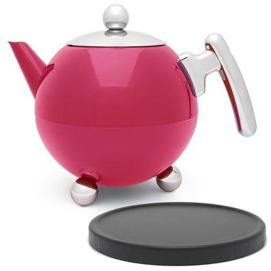 Edelstahl Teekanne 1.2 L pink doppelwandig Edelstahlkanne & Untersetzer schwarz