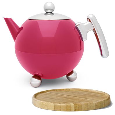 Edelstahl Teekanne 1.2 L pink doppelwandig Edelstahlkanne & Untersetzer braun